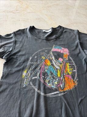 Daydreamer Black Short-Sleeve Tee with Neon Motorcycle Skull Graphic and Flag